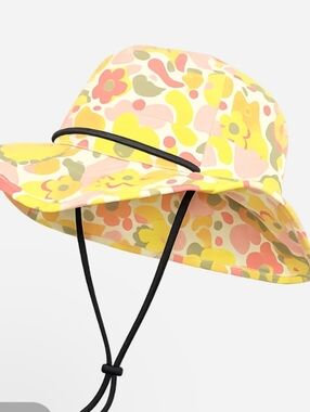 MAD Engine Pink Yellow Floral Bucket Hat with Black Chin Cord